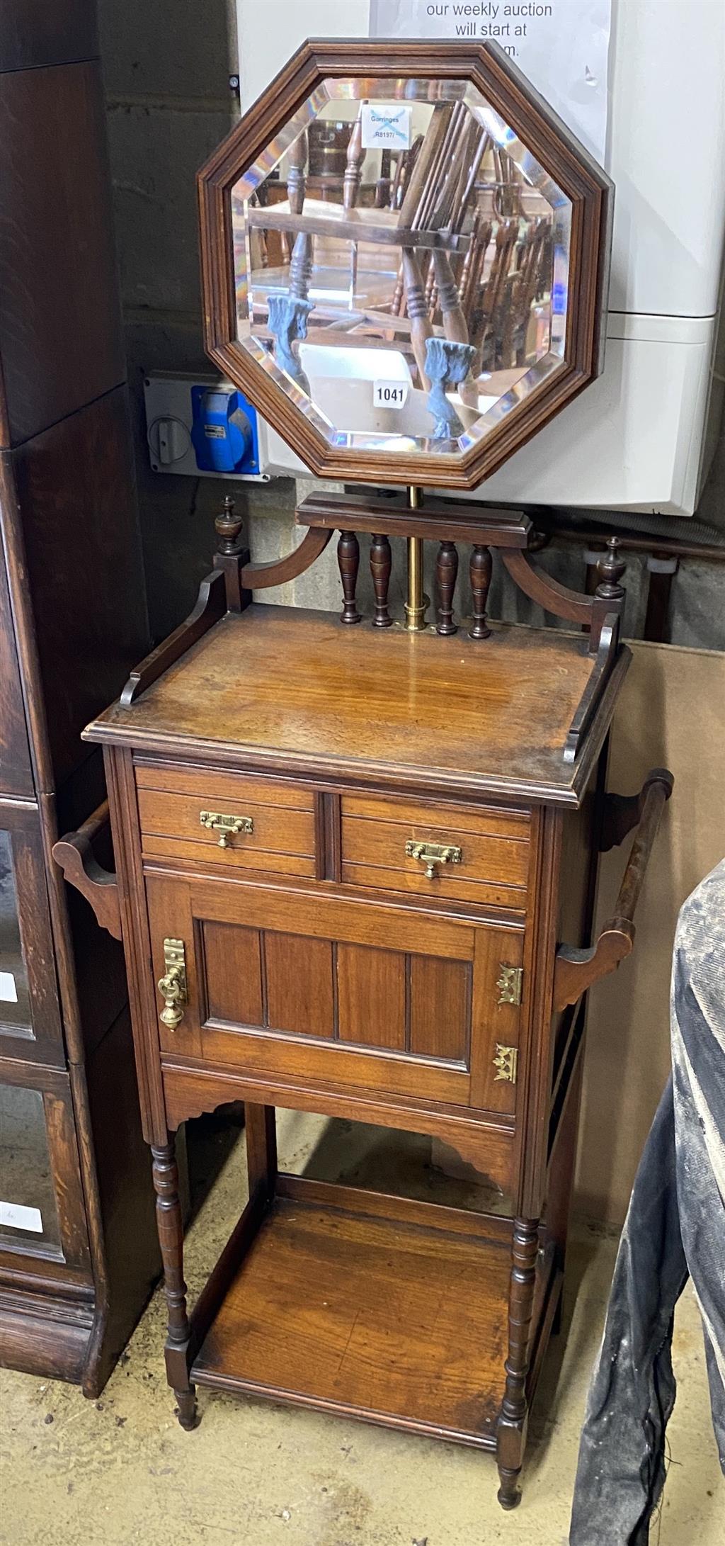 A late Victorian shaving stand with octagonal mirror, width 54cm, depth 31cm, height 145cm